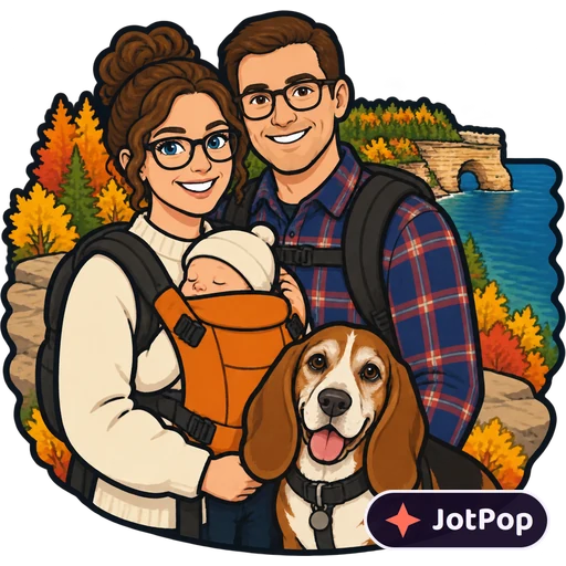Sticker of a couple on an autumn hike by a lake with a newborn in an orange front carrier and their beagle basset