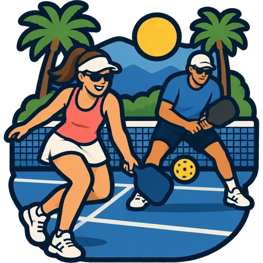 Sticker of two pickleball players competing on a blue court under palm trees