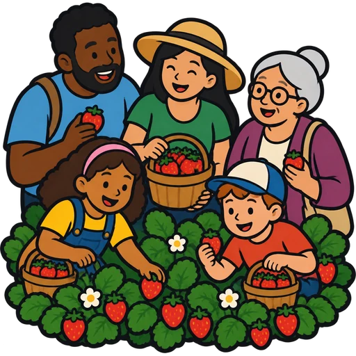 Sticker of three generations of a family picking strawberries together